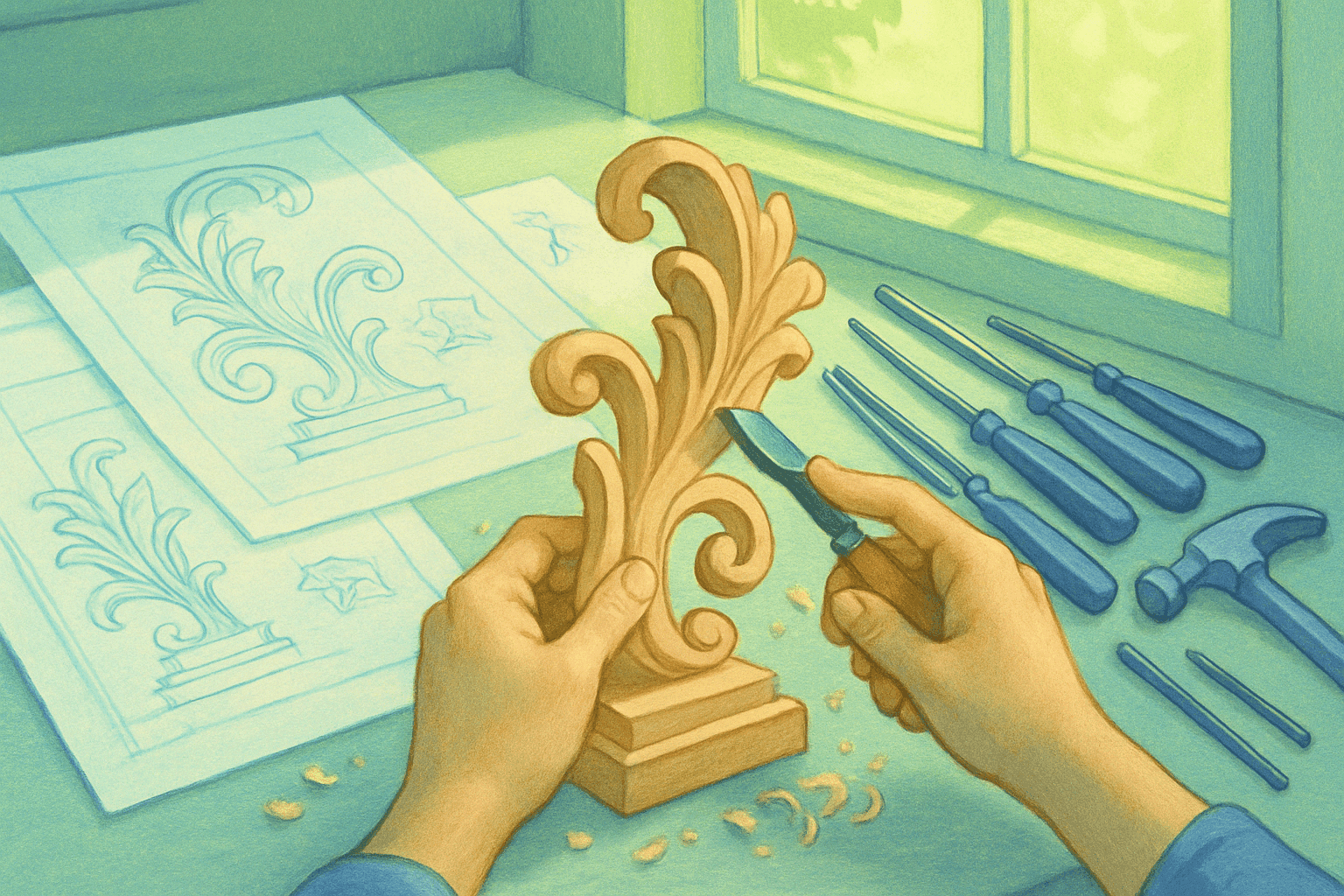 A person hand carving an intricate ornament out of wood