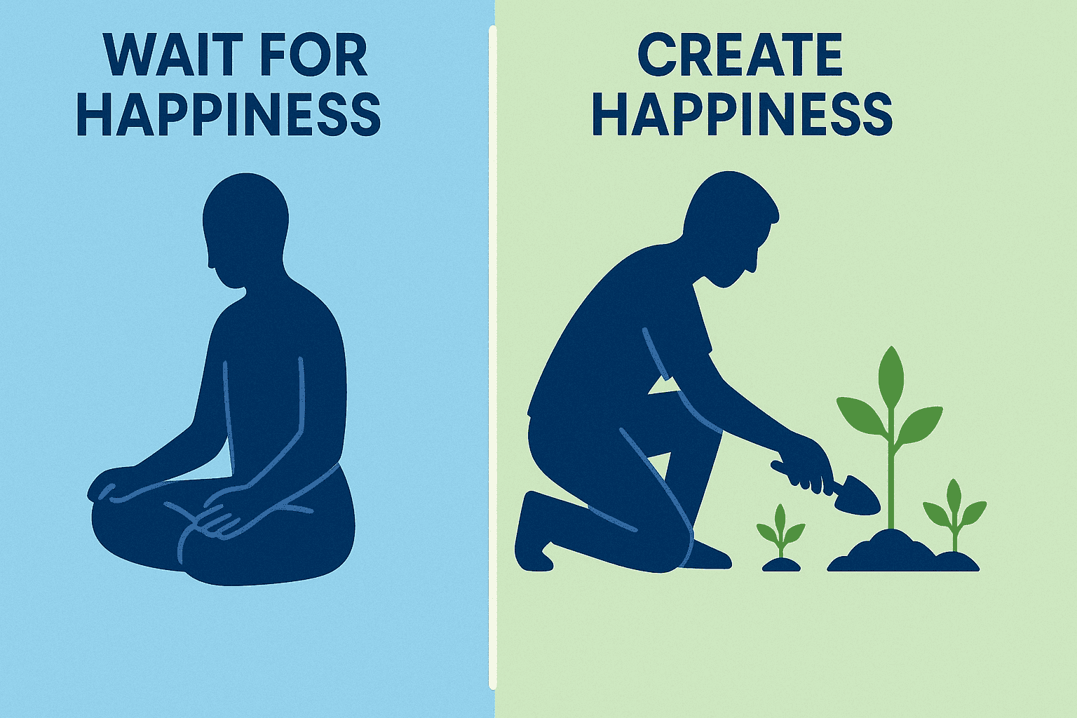 Split image of someone waiting for happiness to come to them versus creating it for themself
