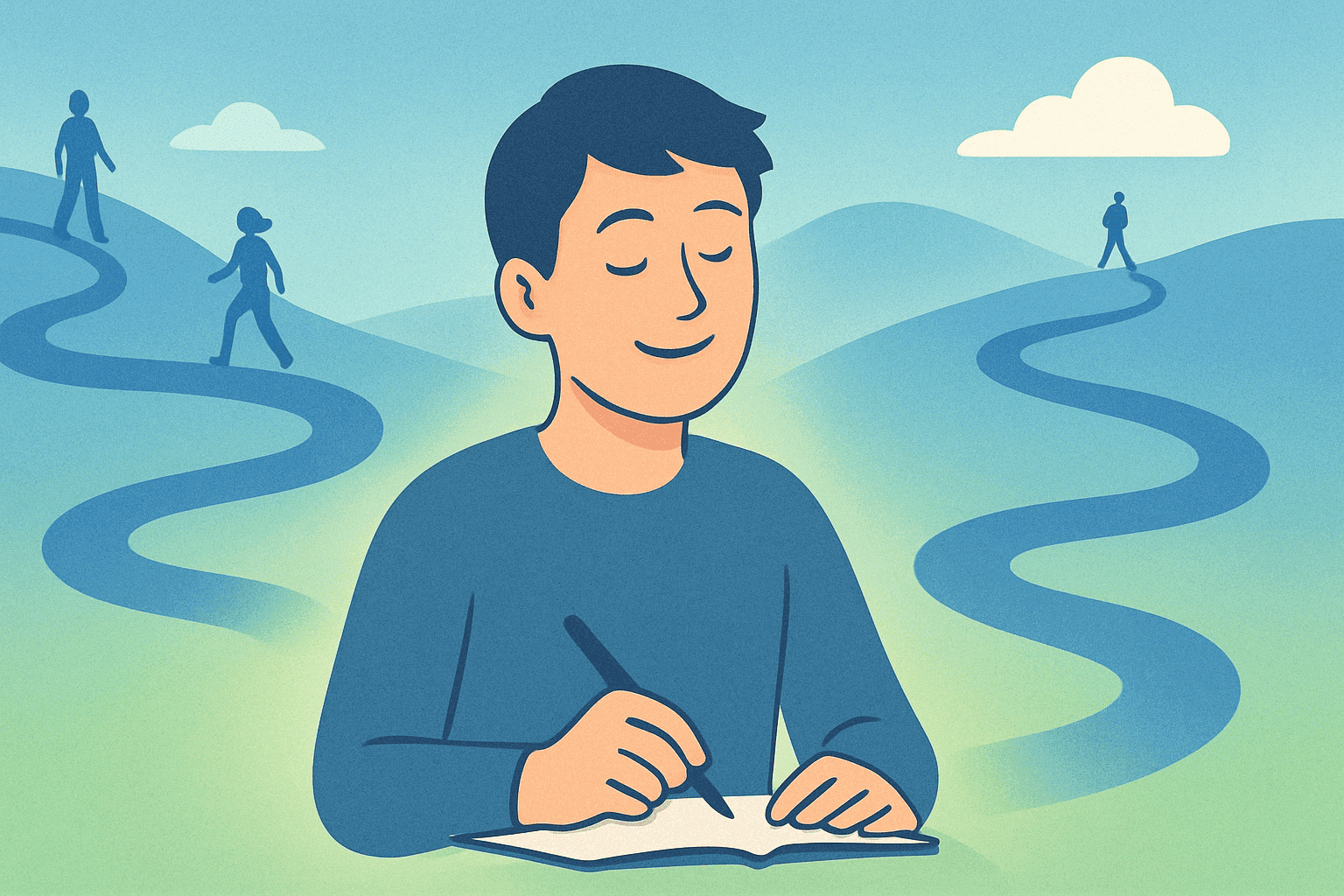 A serene image depicting a person engaged in their element fully absorbed in doing what they do best with an expression of genuine contentment