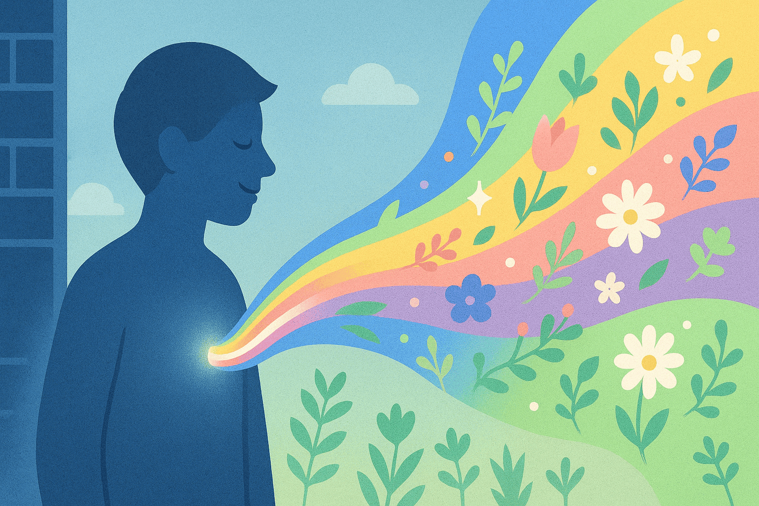 An image showing a person fully expressing their authentic self, with their unique qualities, talents, and characteristics visualized as colorful light emanating from them