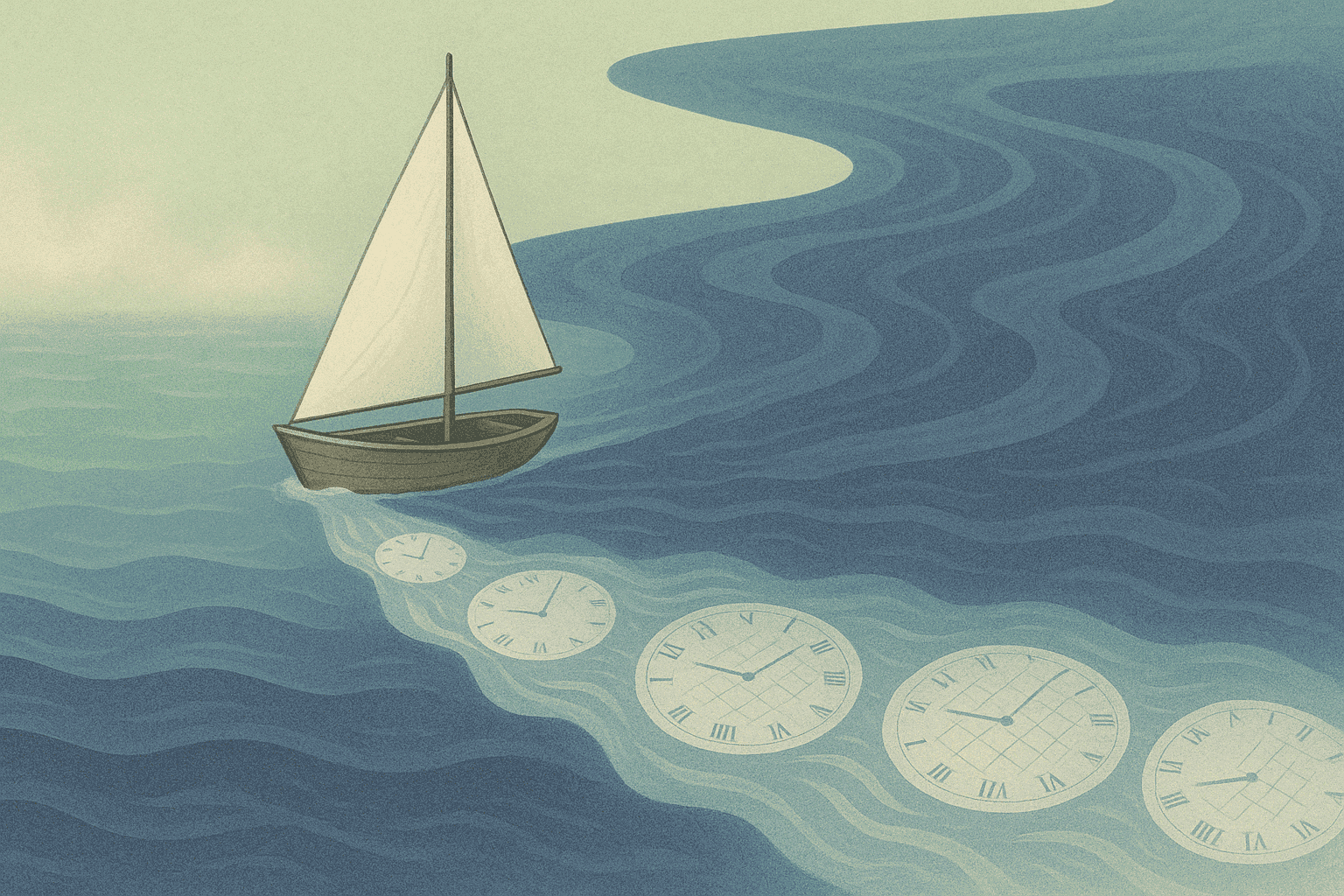 A surreal image of a sailboat leaving clocks in its wake