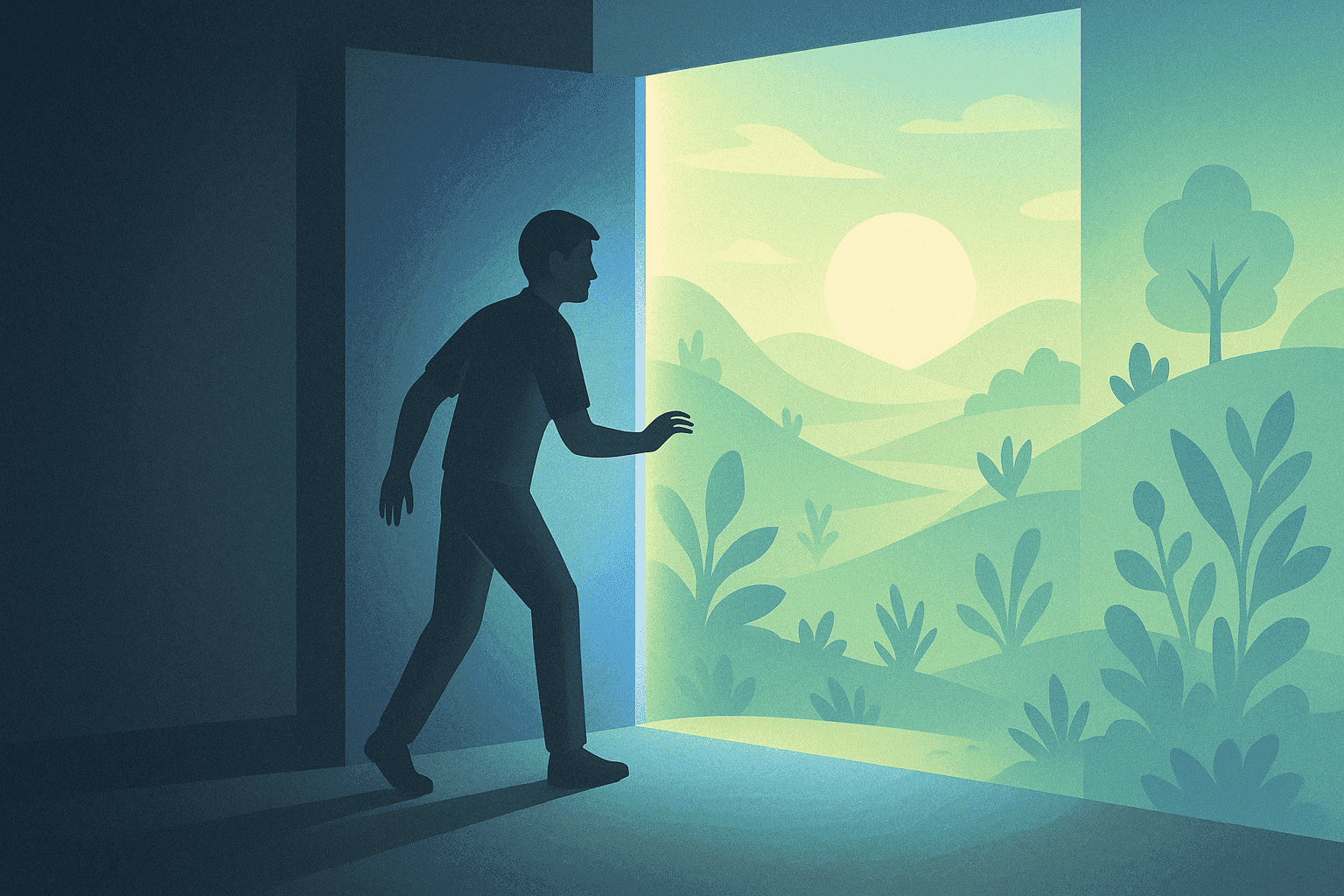 A person opening a door from a dark room into a world of possibility