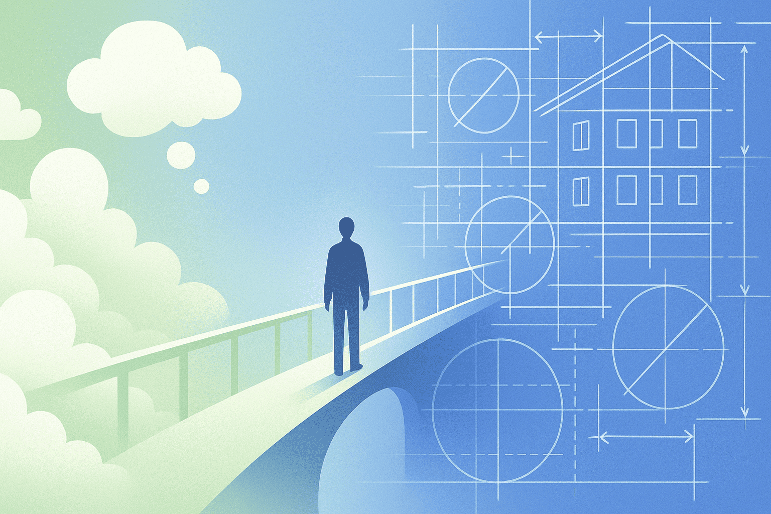 An image of a person standing on a bridge that transforms into a cloudy ethereal dreamscape