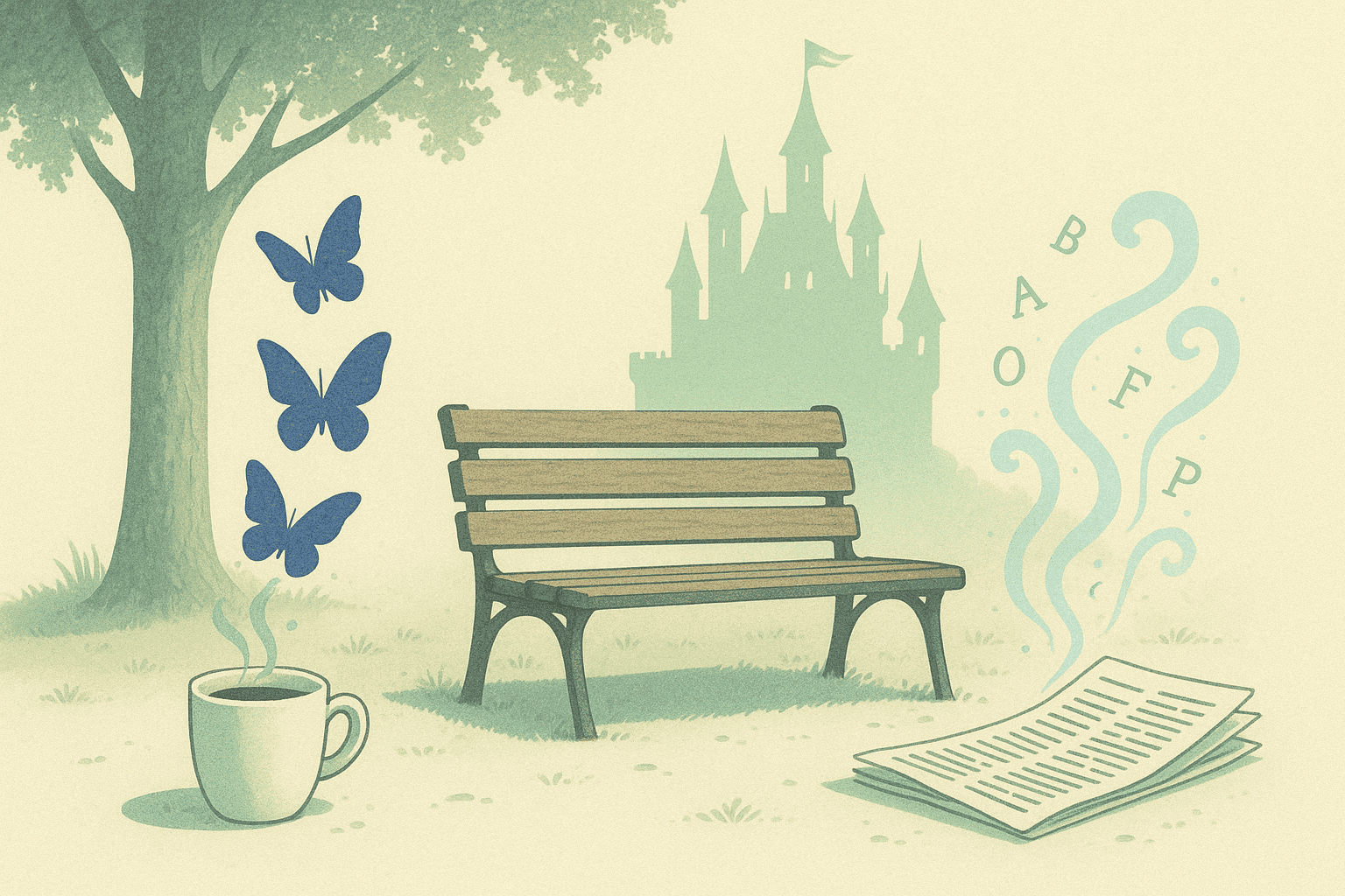 An ordinary looking park bench with a magic castle in the distance