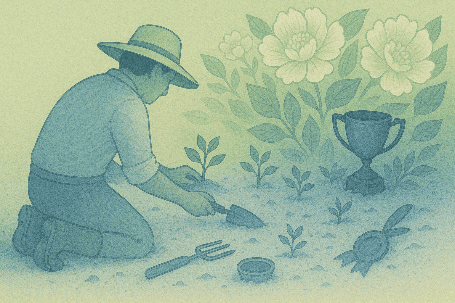 A gardener tending to their plants and a trophy symbolizing success in front of them