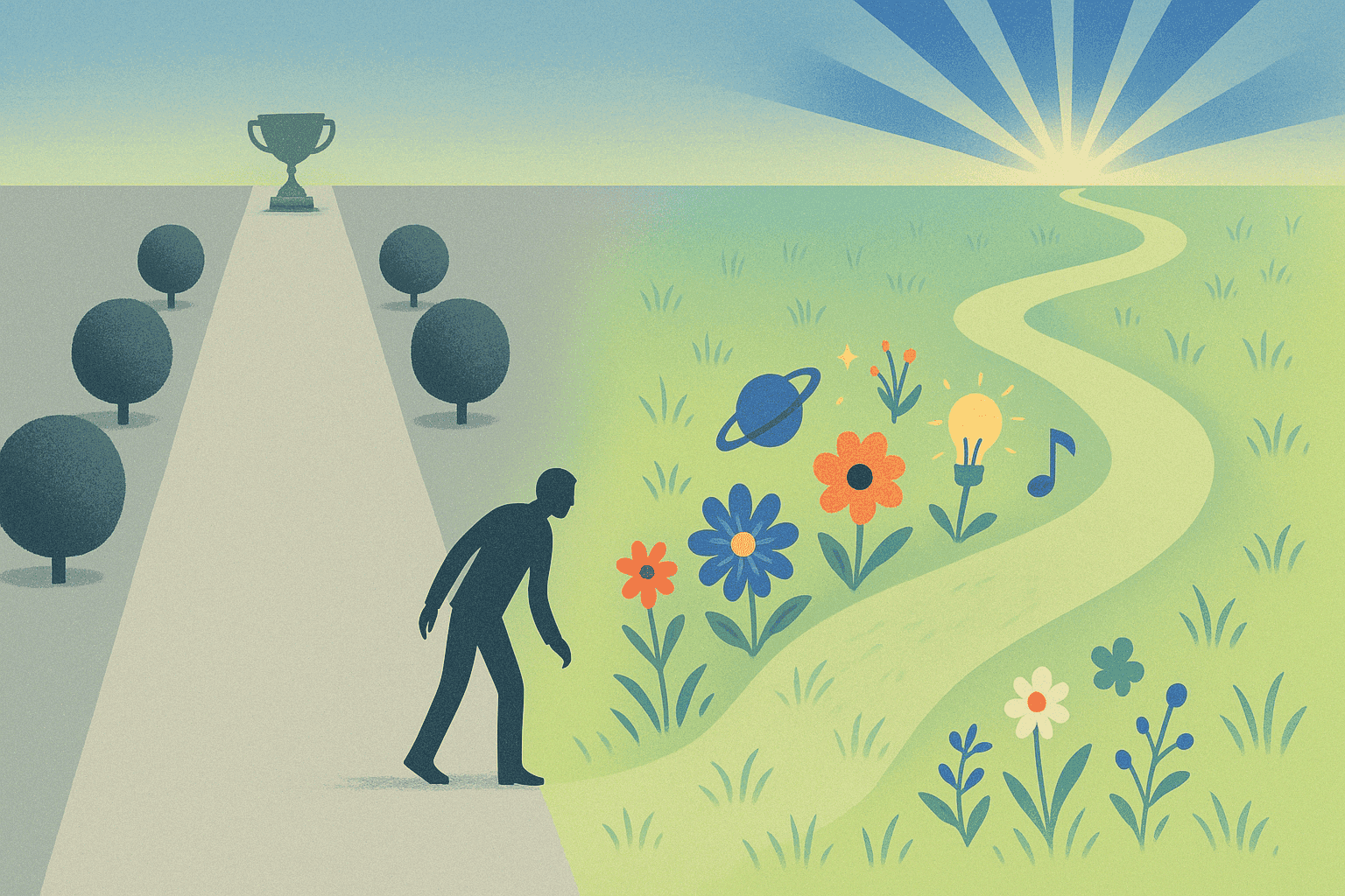 An image depicting how the winding path of originality is more interesting than the straight path to success