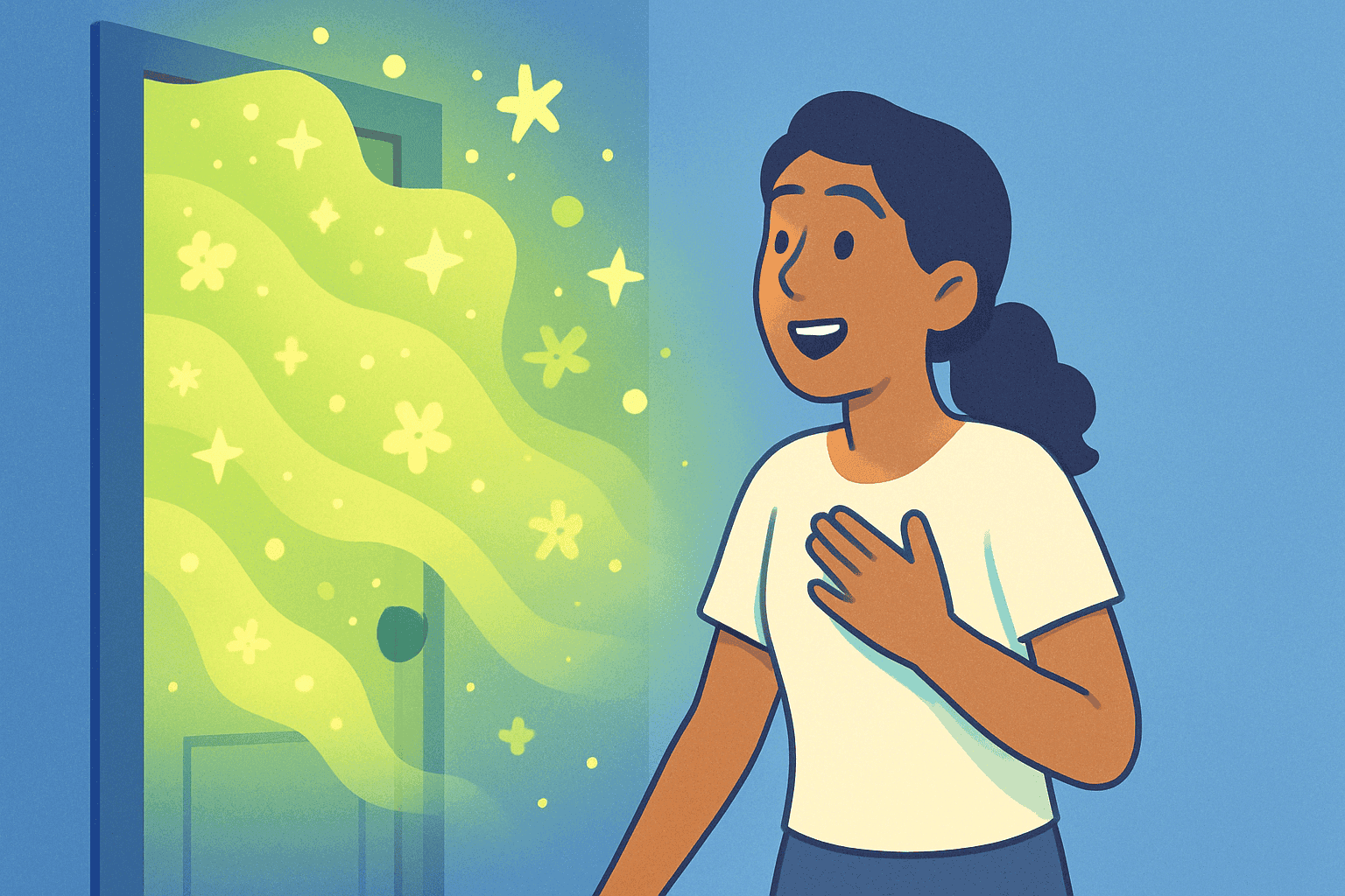 A whimsical, magical image showing happiness unexpectedly entering a space through a slightly ajar door