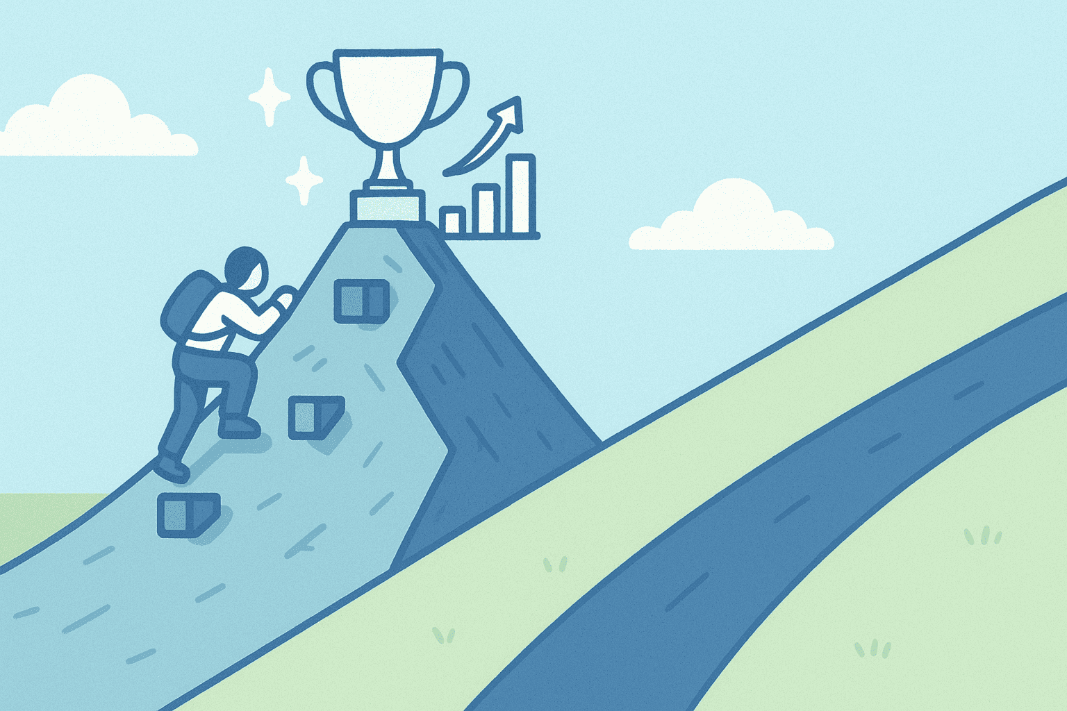 A person climbing a mountain with images of success at the peak