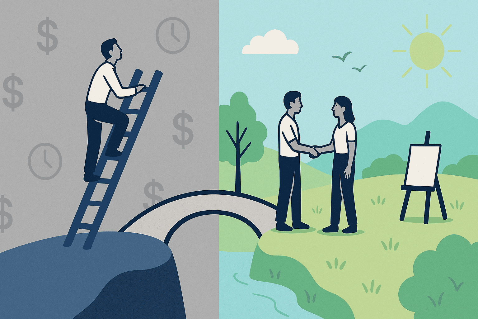 A split image comparing life when earning is the focus to life when living is the focus