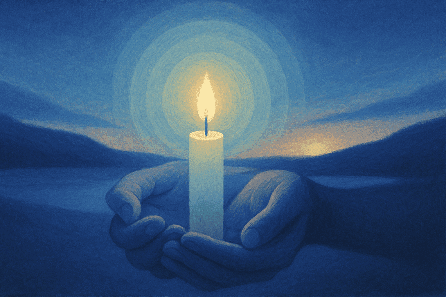 A lit candle held in cupped hands