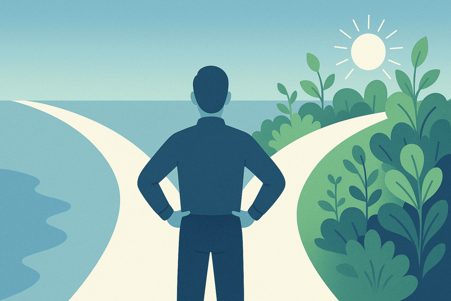 A person standing at the fork in a road