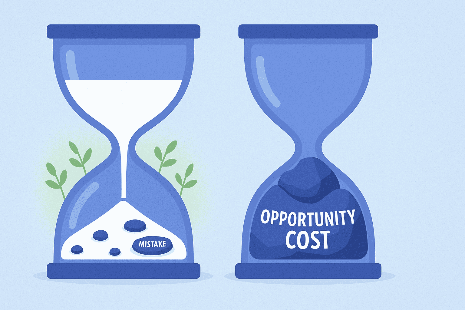 Two hour glasses next to each other, one flowing and one clogged by a rock titled opportunity cost