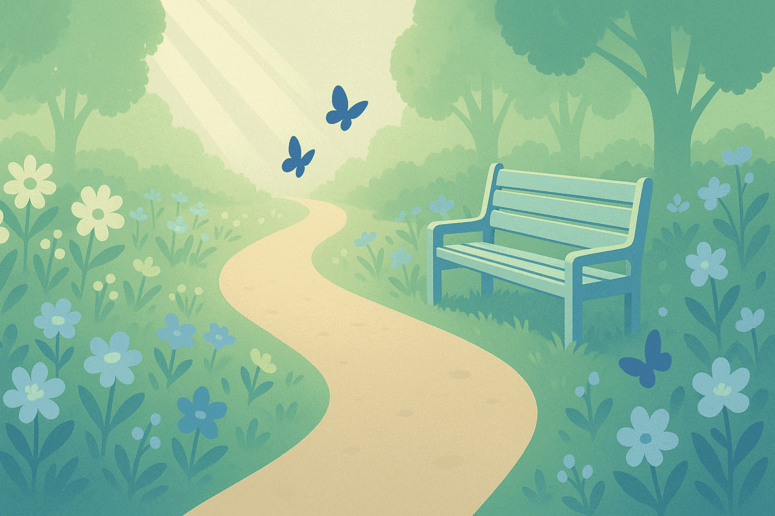 Image of a sun-drenched path with a bench and a butterfly in the foreground
