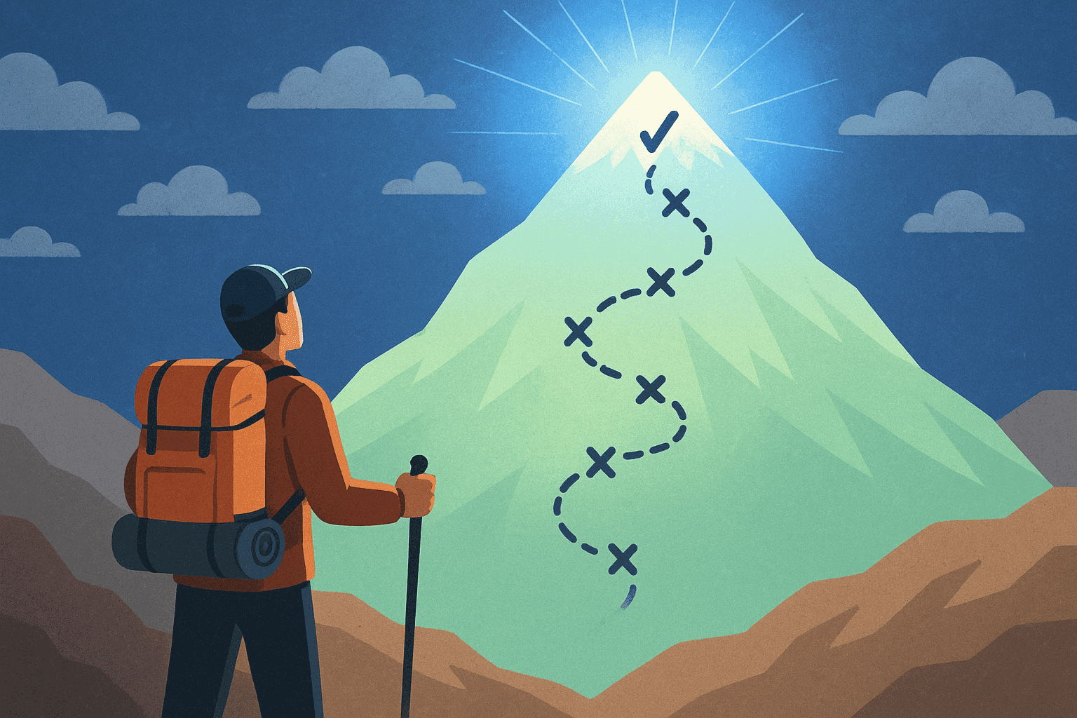 A person gazing up at a mountain with their path illuminated