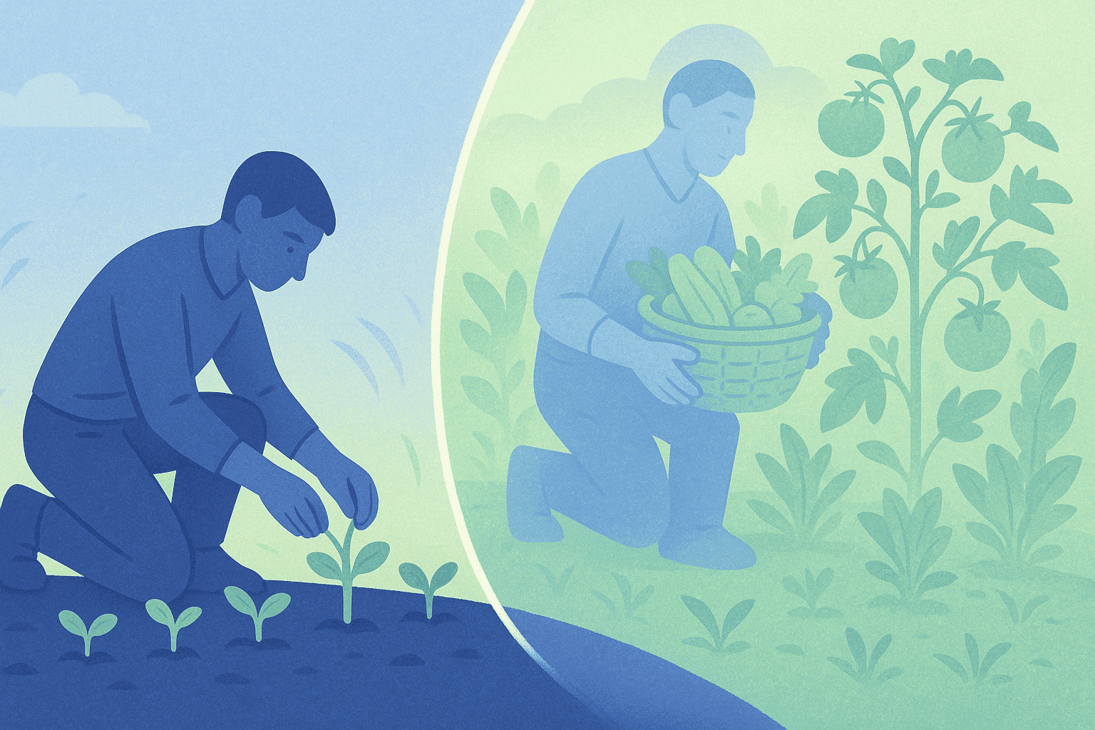 A visual metaphor showing a person carefully tending to small seedlings in a garden