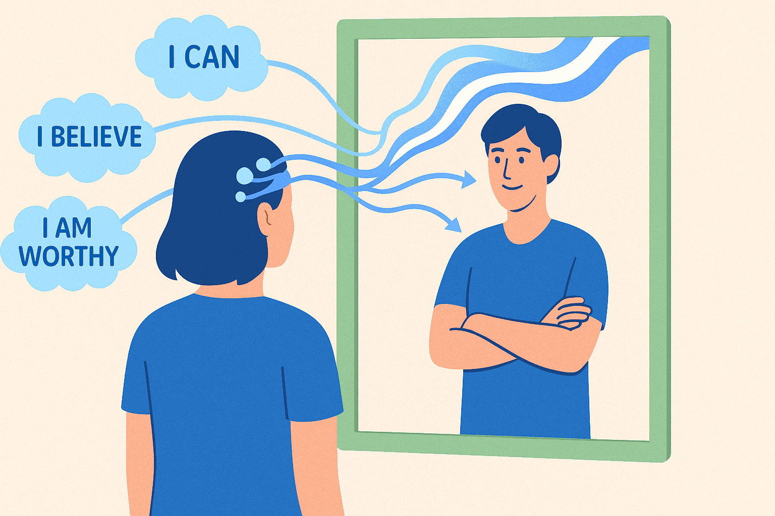 A person looking in the mirror and thinking positive thoughts