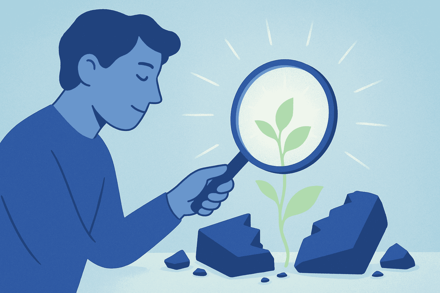 A metaphorical image showing a person examining pieces of a broken object or structure, but instead of disappointment, they're discovering hidden wisdom