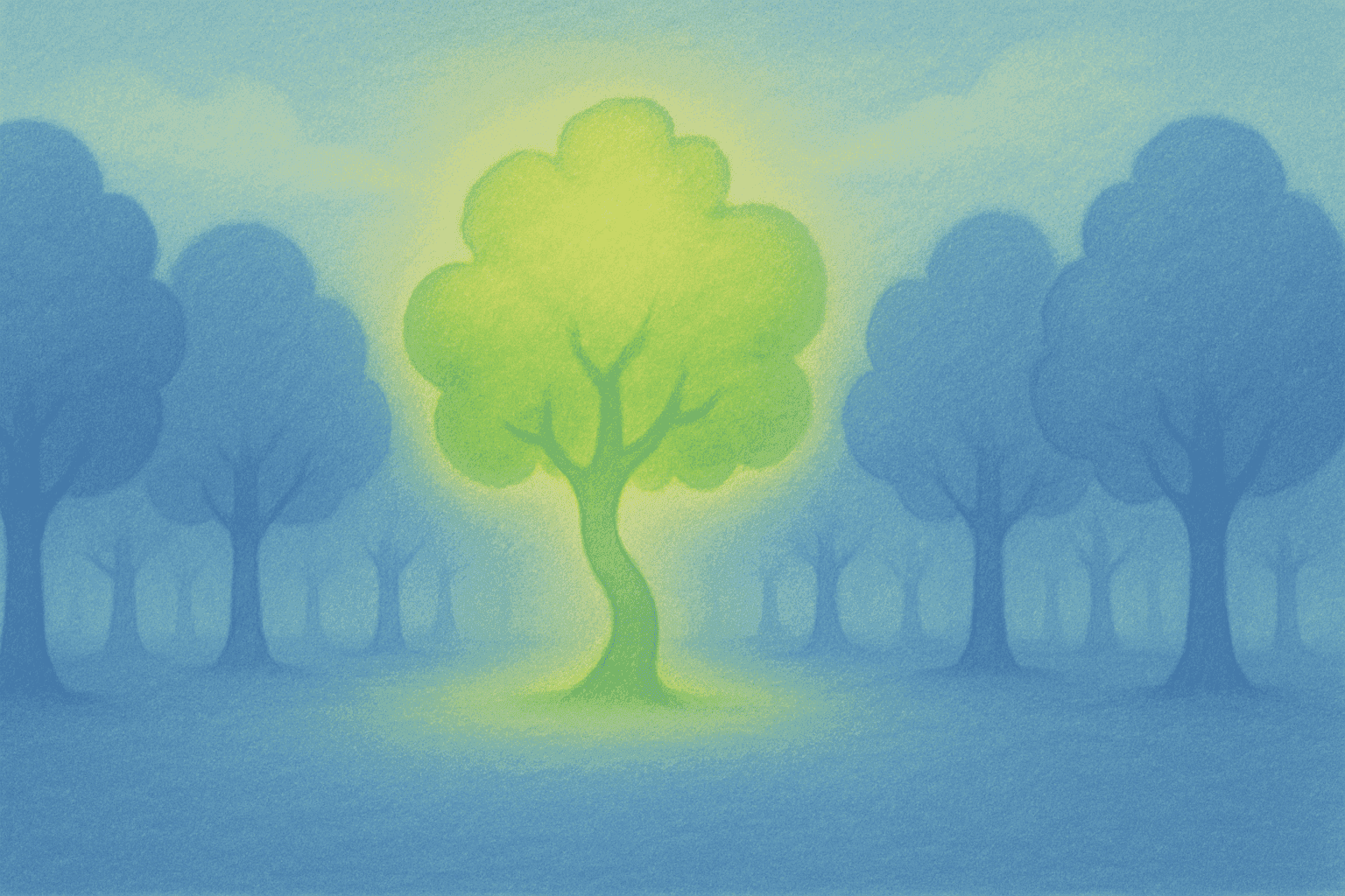 A unique tree growing in the center of a clearing