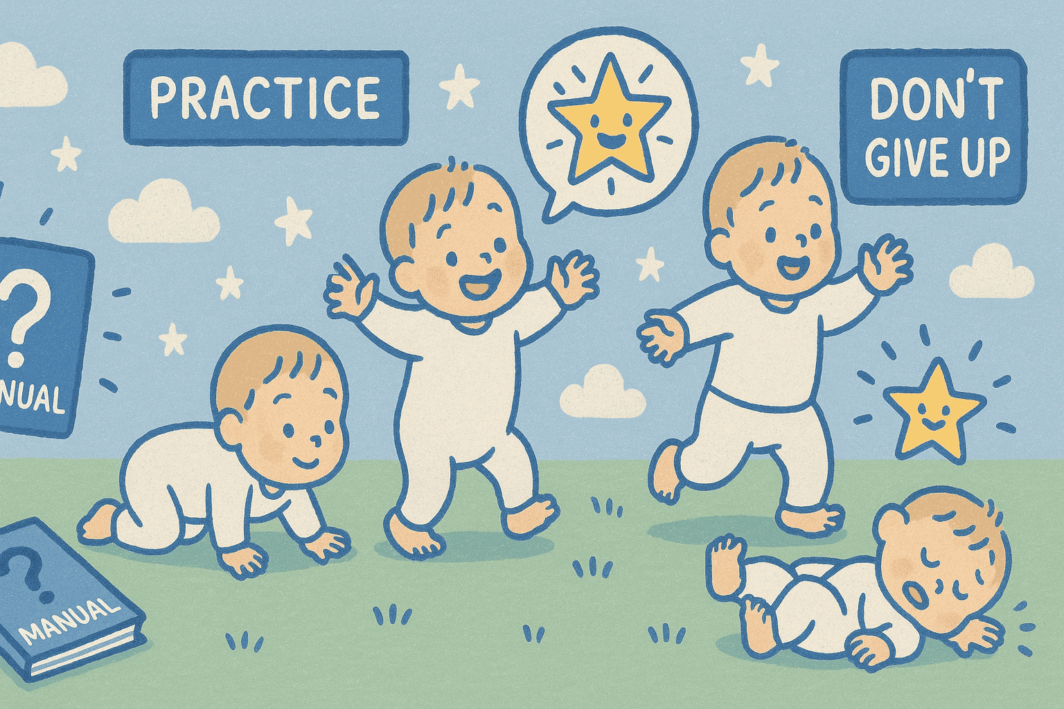 A small child learning from their mistakes while walking