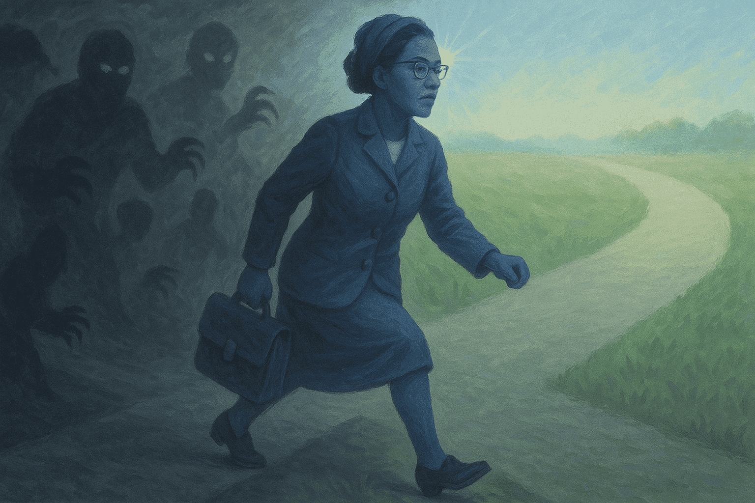 Rosa Parks walking away from fear represented by ghoulish figures into the light