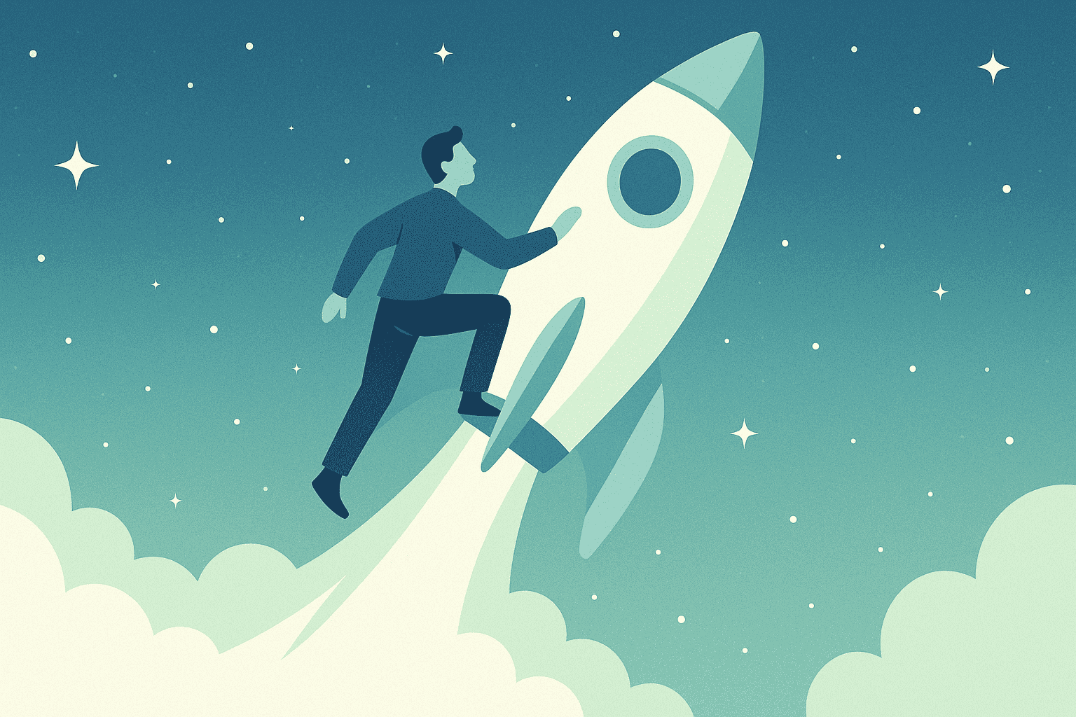 Image of a person grabbing onto a rocket ship that's rising