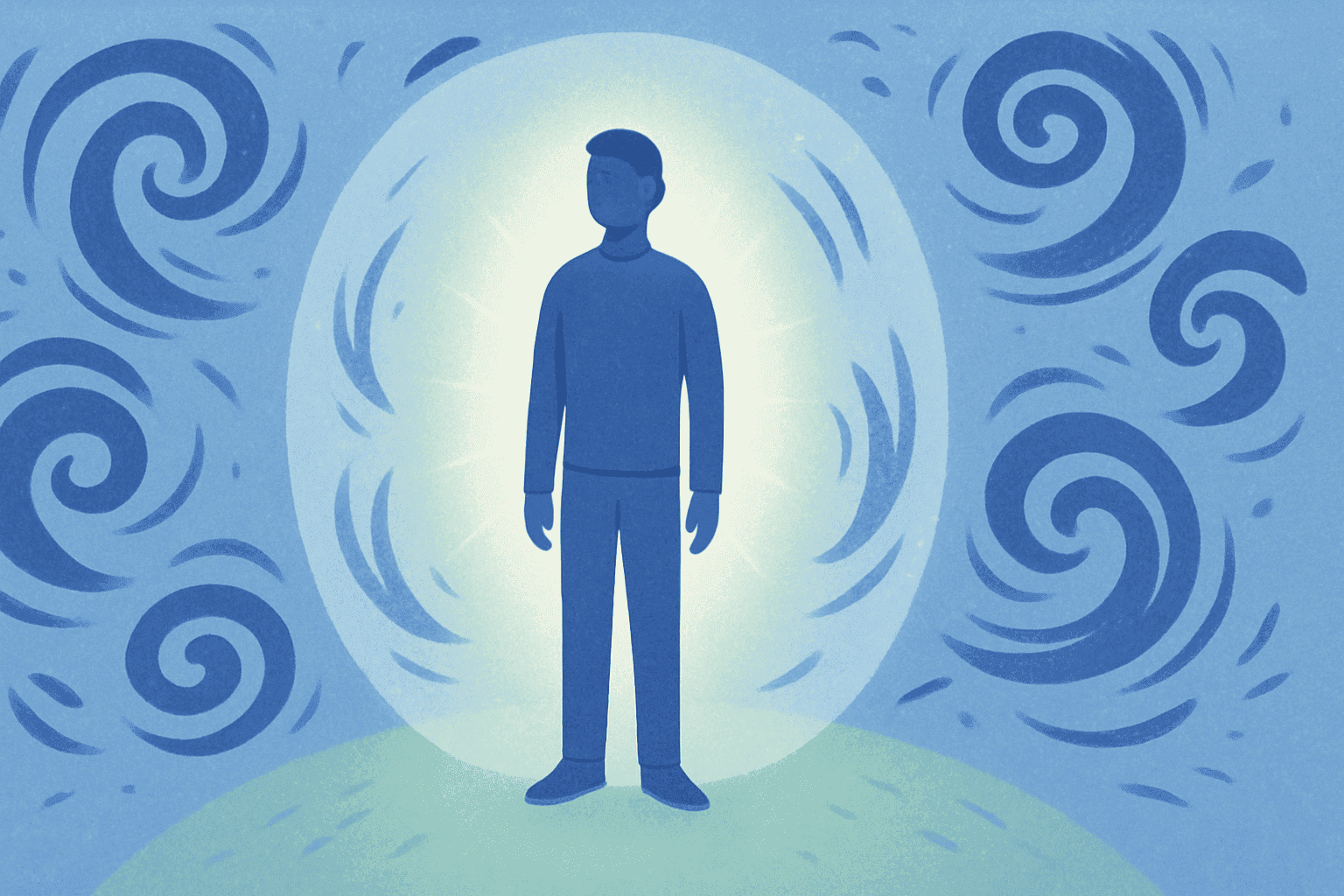 A serene image showing a person standing firmly centered with a clear sense of self, surrounded by potential disturbances