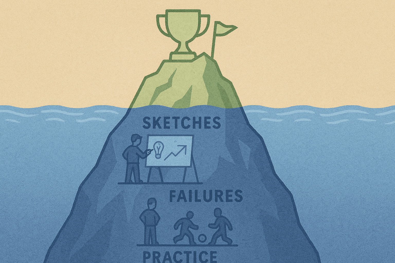 Image of an iceberg with the parts below representing the unseen work that goes into success