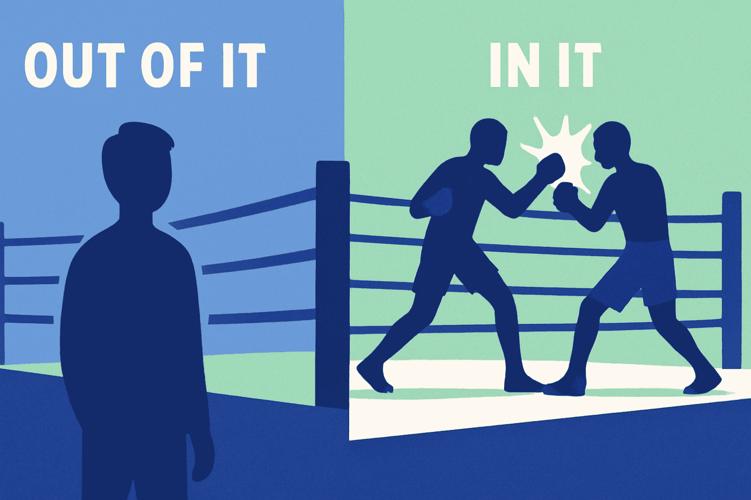 A side by side image of a person who is in the game vs out of the game and spectating