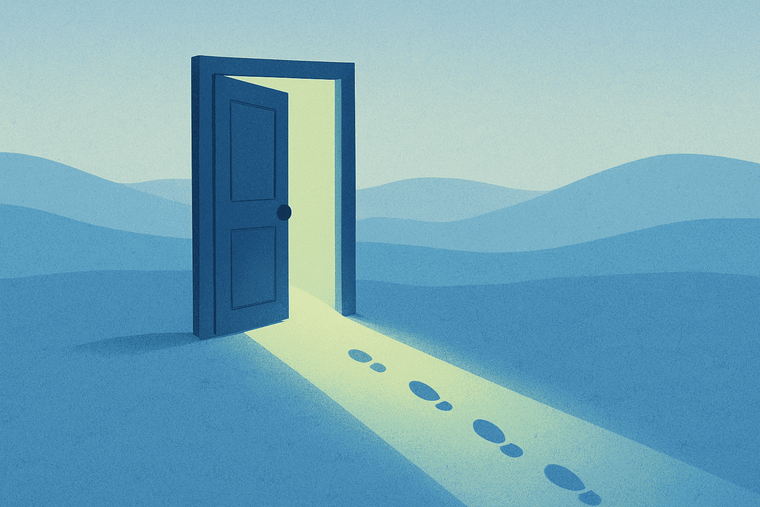 Image of a freestanding doorway, with footsteps leading inside