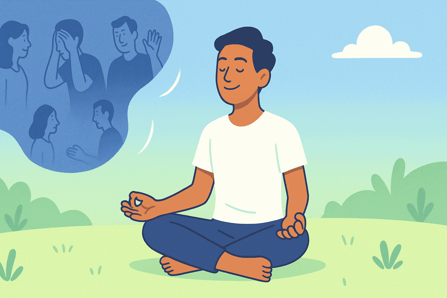 An image showing a person fully engaged in the present moment, with faded transparent memories or past events visible but contained in a small portion of the background